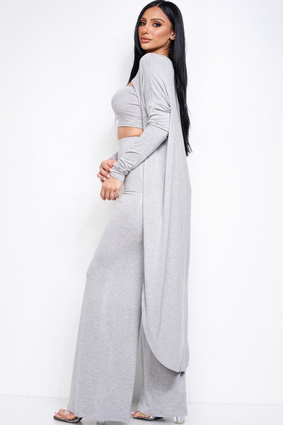 Our Best Rayon/Spandex Tube Top Solid Color Long Sleeve Cape Top and Wide Leg Pants 3 Piece Set (Heather Grey)