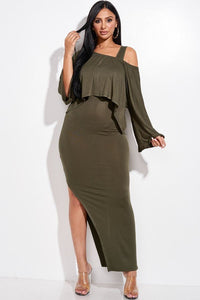 Our Best Solid Rayon/Spandex Midi Length Tank Dress Slouchy Cape Top Two Piece Set (Olive)