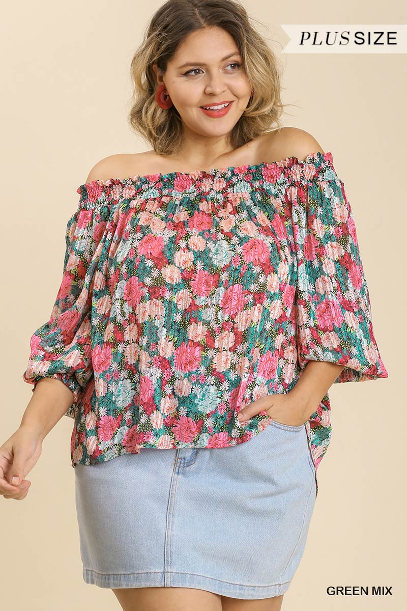 Plus Size Lovely Ladies Polyester Blend Floral Print Metallic Off Shoulder Top w/High Low Hem (Green Mix)