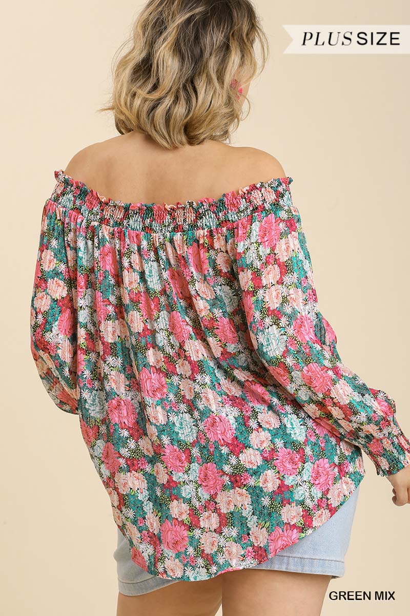 Plus Size Lovely Ladies Polyester Blend Floral Print Metallic Off Shoulder Top w/High Low Hem (Green Mix)