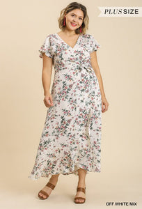 Plus Size Lovely Ladies 100% Polyester Floral Print Wrapped Short Ruffle Sleeve Maxi Dress (Off White Mix)