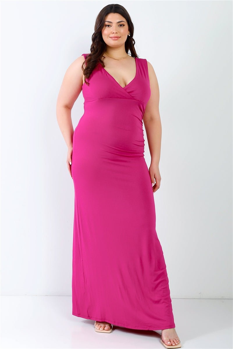 Plus Size Lovely Ladies 94% Rayon 6% Spandex V-neck Sleeveless Maxi Dress (Fuchsia)