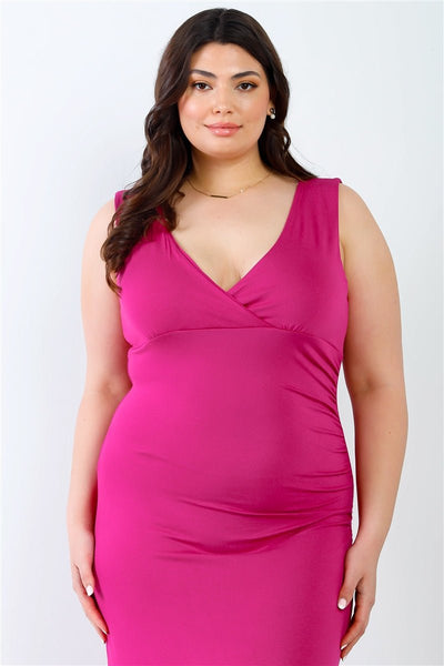 Plus Size Lovely Ladies 94% Rayon 6% Spandex V-neck Sleeveless Maxi Dress (Fuchsia)