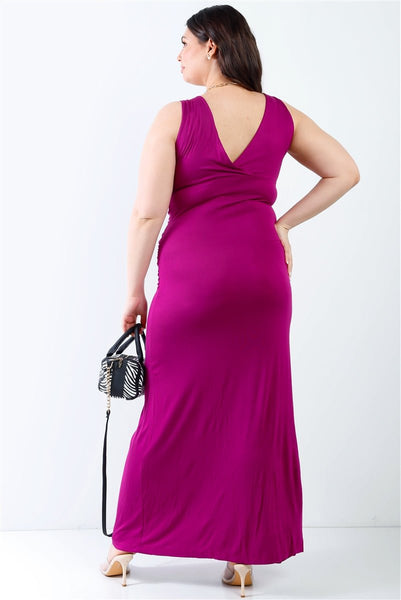 Plus Size Lovely Ladies 94% Rayon 6% Spandex V-neck Sleeveless Maxi Dress (Plum)