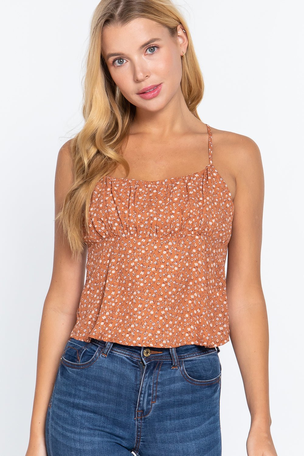 Ruched Open Back Print Cami Woven Top