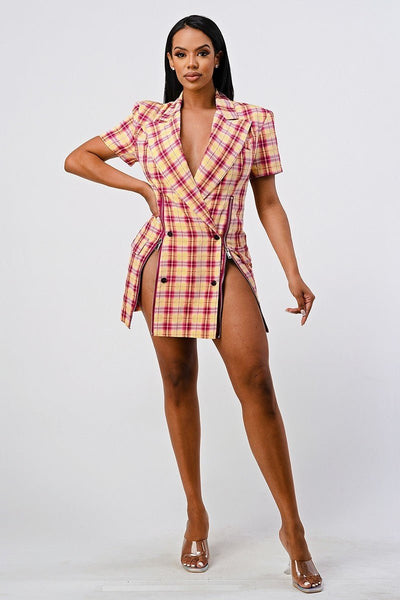 Our Best 70% Polyester 30% Viscose Wide Collared Double Breasted Zipper Detail Plaid Blazer Mini Dress (Pink)
