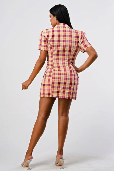 Our Best 70% Polyester 30% Viscose Wide Collared Double Breasted Zipper Detail Plaid Blazer Mini Dress (Pink)