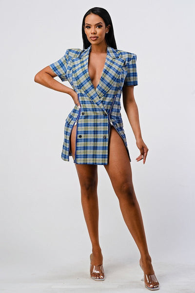 Our Best 70% Polyester 30% Viscose Wide Collared Double Breasted Plaid Blazer Mini Dress (Blue)