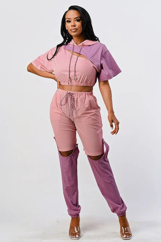 Our Best 90% Nylon 10% Spandex Pants Set In Color Block with Hoodie and Detachable Bottom (Mauve)