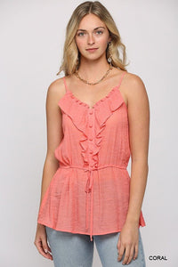 Our Best 100% Polyester Solid Textured Button Detail Ruffle Cami Top Elastic Waist Drawstring Detail (Coral)
