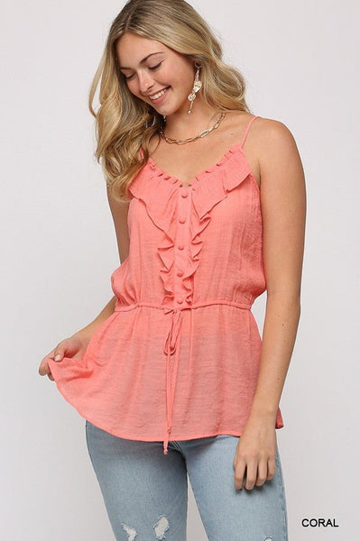 Our Best 100% Polyester Solid Textured Button Detail Ruffle Cami Top Elastic Waist Drawstring Detail (Coral)