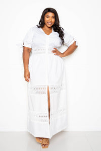 Plus Size Lovely Ladies 70% Cotton 27% Nylon 3% Spandex Lace Insert Puff Sleeve Maxi Dress (White)