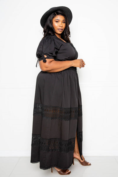 Plus Size Lovely Ladies 70% Cotton 27% Nylon 3% Spandex Lace Insert Puff Sleeve Maxi Dress (Black)