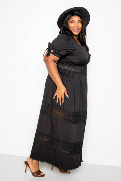 Plus Size Lovely Ladies 70% Cotton 27% Nylon 3% Spandex Lace Insert Puff Sleeve Maxi Dress (Black)