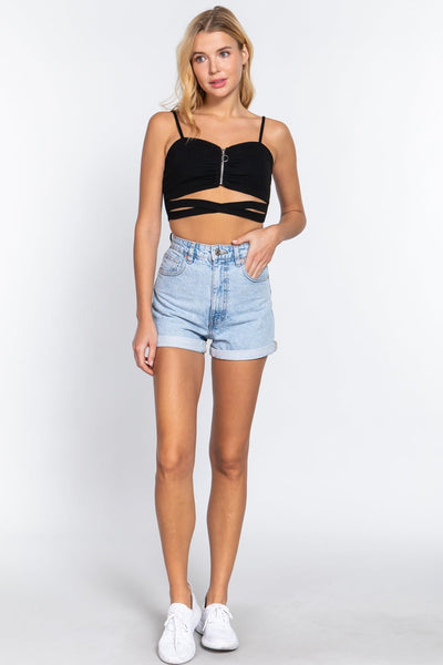 Our Best 96% Polyester 4% Spandex Zipper Front Detail Cross Body Rib Knit Crop Top (Black)