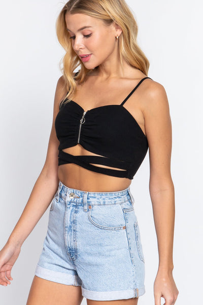 Our Best 96% Polyester 4% Spandex Zipper Front Detail Cross Body Rib Knit Crop Top (Black)