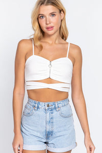Our Best 96% Polyester 4% Spandex Zipper Front Detail Cross Body Rib Knit Crop Top (White)