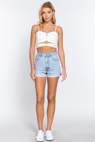 Our Best 96% Polyester 4% Spandex Zipper Front Detail Cross Body Rib Knit Crop Top (White)