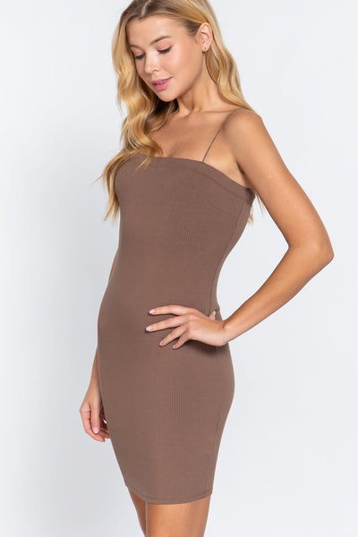 Cami Camille 92% Polyester 8% Spandex Scoop Neck Adjustable Cami Straps Heavy Ribbed Knit Bodycon Mini Dress (Slit Brown)