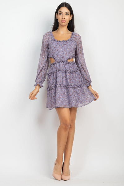 Our Best 100% Polyester Scoop Neckline Long Sleeves Ruffled Cutout Ditsy Floral Pattern Print Mini Dress (Light Blue)