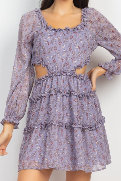 Our Best 100% Polyester Scoop Neckline Long Sleeves Ruffled Cutout Ditsy Floral Pattern Print Mini Dress (Light Blue)