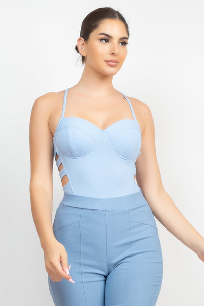 Our Best 95% Polyester 5% Spandex Sweetheart Neckline Side Cutouts Detail Solid Color Sleeveless Bodysuit (Denim)