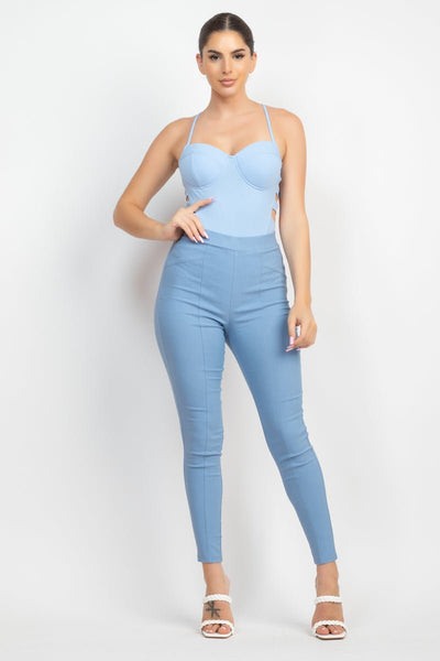 Our Best 95% Polyester 5% Spandex Sweetheart Neckline Side Cutouts Detail Solid Color Sleeveless Bodysuit (Denim)