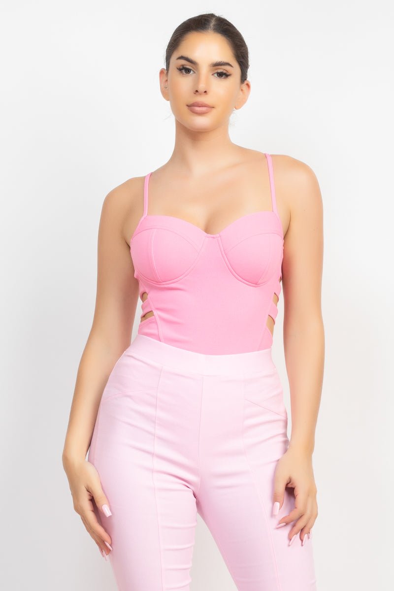 Our Best 95% Polyester 5% Spandex Sweetheart Neckline Side Cutouts Detail Solid Color Sleeveless Bodysuit (Pink)