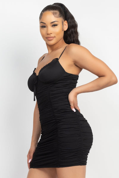Our Best 90% Nylon 10% Spandex Sleeveless Shirred Bodycon Ruffle Trim Party Time Mini Dress (Black)