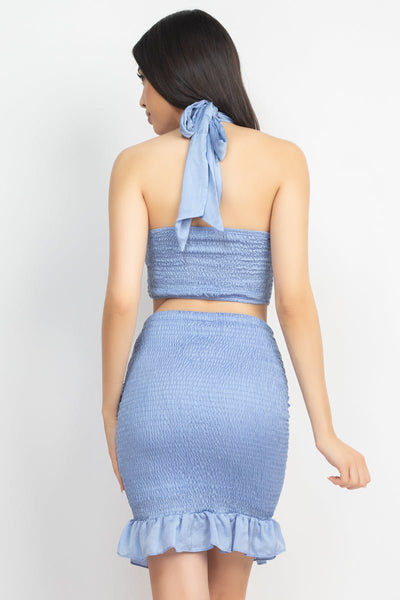 Helena Halter 100% Polyester Halter Neck Shirred Detail Crop Top & Ruched Smocked Skirt Two Piece Set (Light Blue)