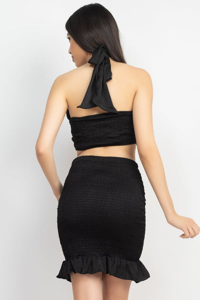 Helena Halter 100% Polyester Halter Neck Crop Top & Ruched Detail Skirt Two Piece Set (Black)