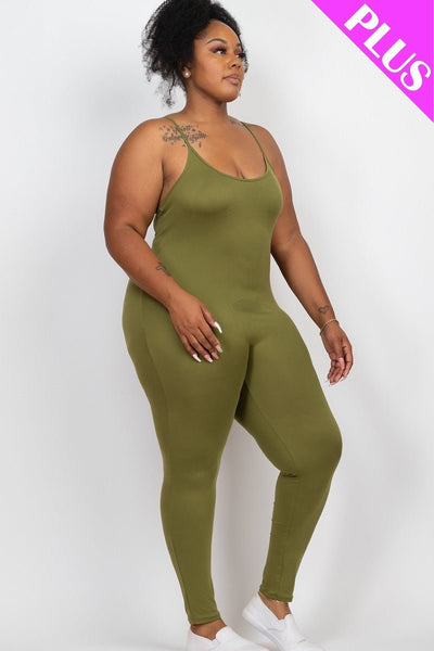 Plus Size Lovely Ladies 92% Polyester 8% Spandex Solid Bodycon Jersey Knit Jumpsuit (Olive Branch)