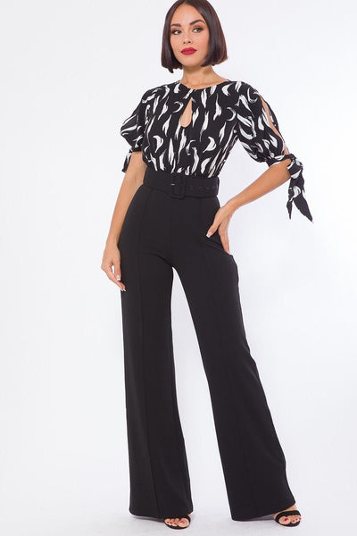 Sheik-n-Sassy 95% Polyester 5% Spandex Exotic Print Top Detailed Fashion Jumpsuit (Black)