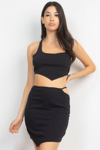 Our Best Sexy Rayon Blend Asymmetrical Scoop Neckline Sleeveless Cropped Crossed-Back Self-tie Top & Skirt Set (Black)