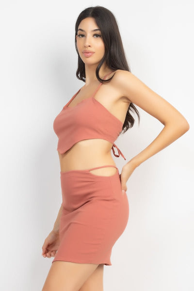 Our Best Sexy Rayon Blend Asymmetrical Scoop Neckline Sleeveless Cropped Crossed-Back Self-tie Top & Skirt Set (Light Marsala)