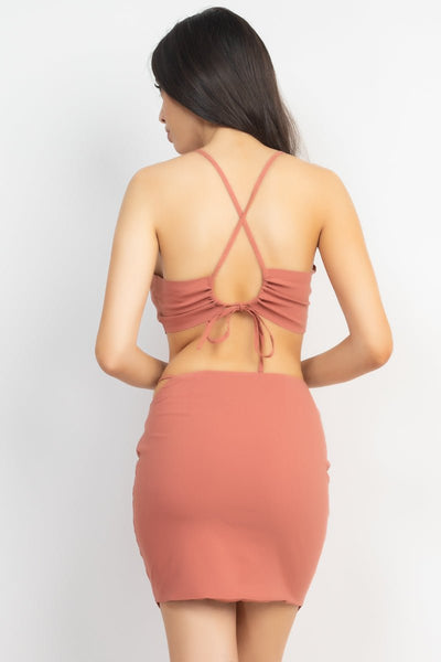 Our Best Sexy Rayon Blend Asymmetrical Scoop Neckline Sleeveless Cropped Crossed-Back Self-tie Top & Skirt Set (Light Marsala)