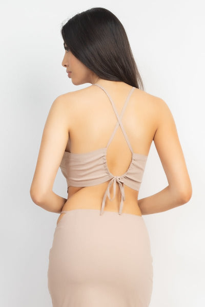 Our Best Sexy Rayon Blend Asymmetrical Scoop Neckline Sleeveless Cropped Crossed-Back Self-Tie Top & Skirt Set (Light Taupe)