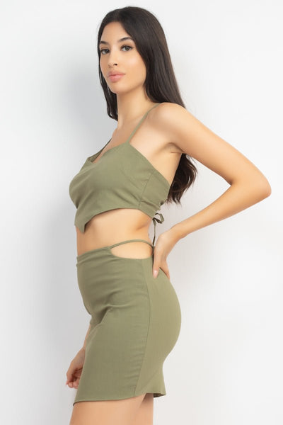 Our Best Sexy Rayon Blend Asymmetrical Scoop Neckline Sleeveless Cropped Crossed-Back Self-Tie Top & Skirt Set (Olive)
