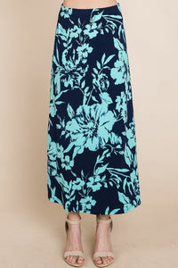 Gwendolyn's Garden 95% Polyester 5% Spandex Floral Print Elastic Waistband Maxi Skirt (Navy/Mint)