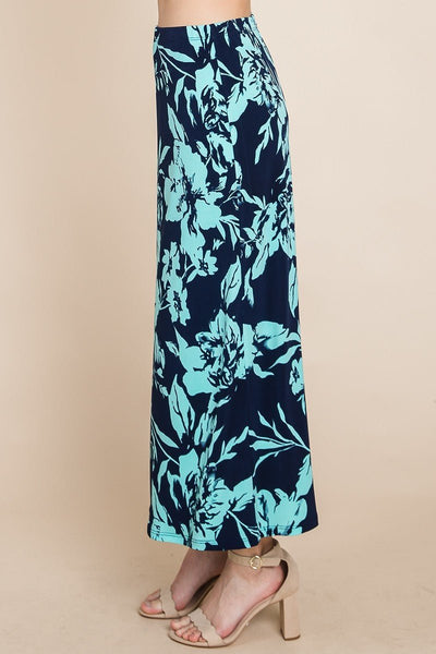 Gwendolyn's Garden 95% Polyester 5% Spandex Floral Print Elastic Waistband Maxi Skirt (Navy/Mint)