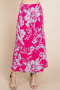 Gwendolyn's Garden 95% Polyester 5% Spandex Floral Print Elastic Waistband Maxi Skirt (Hot Pink)