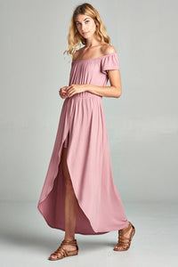 Our Best 95% Rayon Jersey 5% Spandex Off Shoulder Fashion Statement Solid Jersey Maxi Overlay Romper (Mauve)