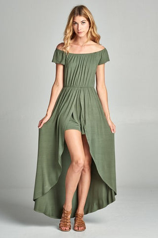 Our Best 95% Rayon Jersey 5% Spandex Off Shoulder Fashion Statement Solid Jersey Maxi Overlay Romper (Olive)