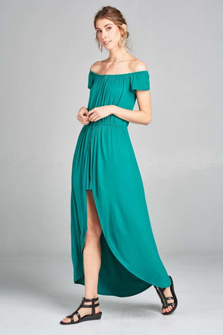 Our Best 95% Rayon Jersey 5% Spandex Off Shoulder Fashion Statement Solid Jersey Maxi Overlay Romper (Emerald)