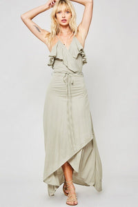 Oor Best 64% Rayon 36% Nylon Deep V-Neckline Flounce Ruffle Layer Yoke Design High-low Hem Maxi Dress (Olive)