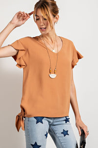 Our Best 100% Polyester V-Neckline Wing Sleeves Ruffled Detail Relaxed Fit Top (Camel)