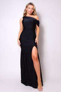 Own The Evening 82% Nylon 18% Spandex One Shoulder Draped Side Slit Detail Maxi Dress (Black)