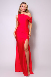 Own The Evening 82% Nylon 18% Spandex One Shoulder Draped Side Slit Detail Maxi Dress (Red)