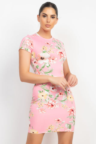 Flerlita Ferlinda 95% Polyester 5% Spandex Round Neck Short Sleeve Brilliant Floral Pattern Print Bodycon Mini Dress (Bubblegum Pink)
