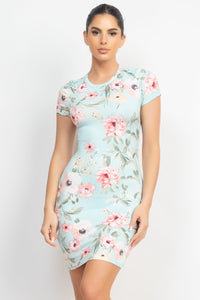 Flerlita Ferlinda 95% Polyester 5% Spandex Round Neck Short Sleeve Brilliant Floral Pattern Print Bodycon Mini Dress (Mint Blue)